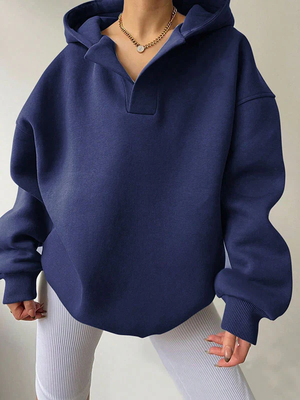 Loose Puff Sleeves Solid Color Split-Joint Hooded Hoodies Tops - Image 2