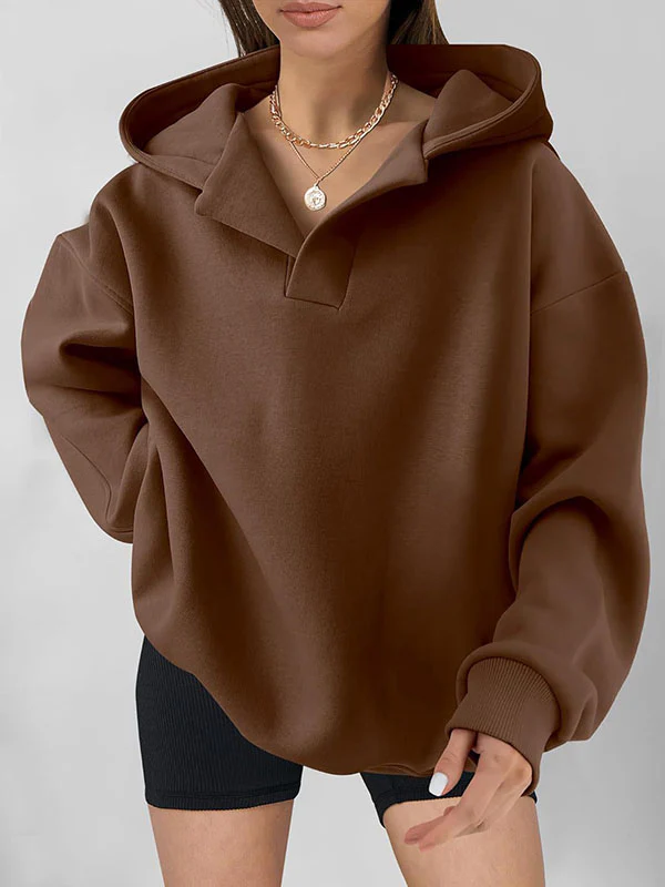 Loose Puff Sleeves Solid Color Split-Joint Hooded Hoodies Tops - Image 3
