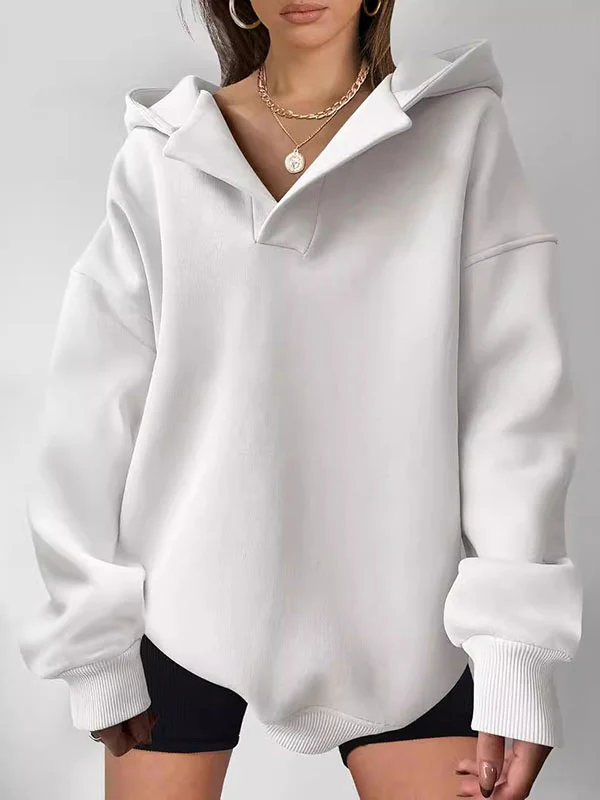 Loose Puff Sleeves Solid Color Split-Joint Hooded Hoodies Tops - Image 6