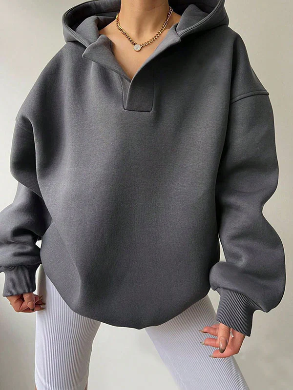 Loose Puff Sleeves Solid Color Split-Joint Hooded Hoodies Tops - Image 7