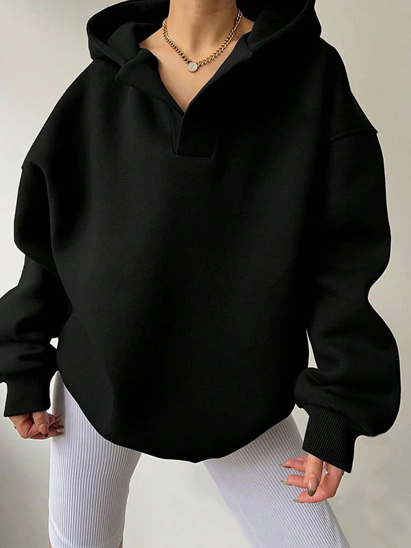 Loose Puff Sleeves Solid Color Split-Joint Hooded Hoodies Tops - Image 9