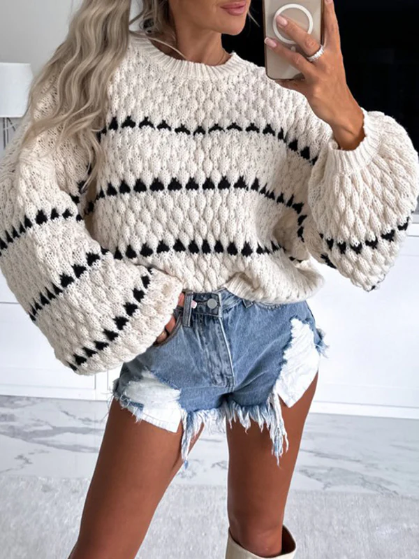 Loose Puff Sleeves Split-Joint Round-Neck Sweater Tops - Image 2