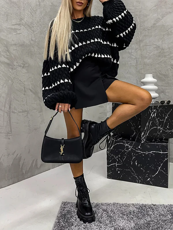 Loose Puff Sleeves Split-Joint Round-Neck Sweater Tops - Image 5