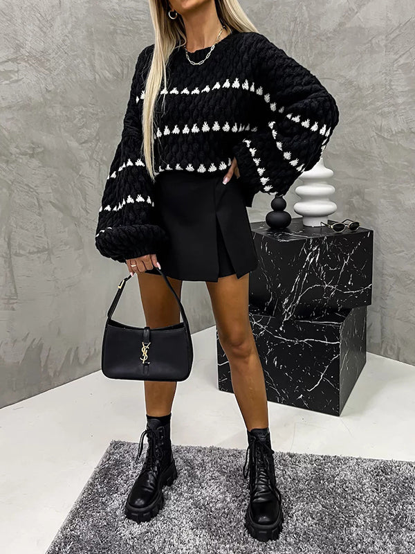 Loose Puff Sleeves Split-Joint Round-Neck Sweater Tops - Image 6