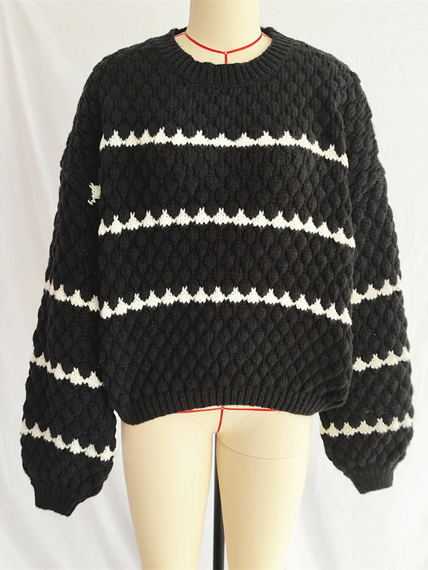Loose Puff Sleeves Split-Joint Round-Neck Sweater Tops - Image 7