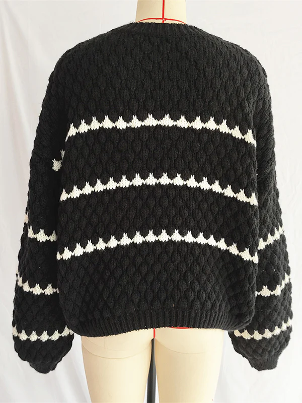 Loose Puff Sleeves Split-Joint Round-Neck Sweater Tops - Image 8