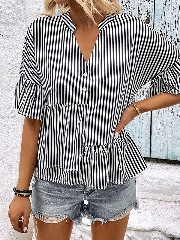 Loose Raglan Sleeve Asymmetric Falbala Pleated Split-Joint Striped Tiered V-Neck Blouses&Shirts Tops - Image 4