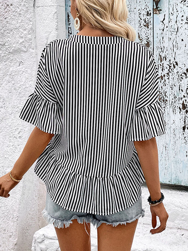 Loose Raglan Sleeve Asymmetric Falbala Pleated Split-Joint Striped Tiered V-Neck Blouses&Shirts Tops - Image 5
