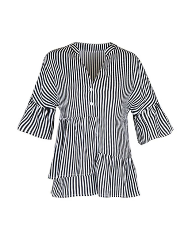 Loose Raglan Sleeve Asymmetric Falbala Pleated Split-Joint Striped Tiered V-Neck Blouses&Shirts Tops - Image 6