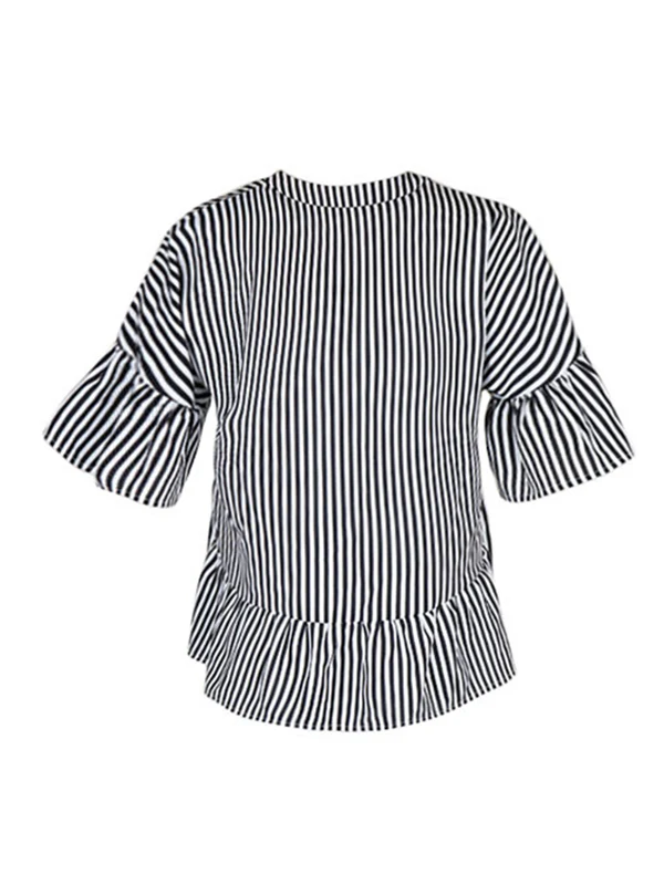 Loose Raglan Sleeve Asymmetric Falbala Pleated Split-Joint Striped Tiered V-Neck Blouses&Shirts Tops - Image 7