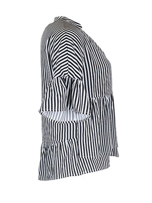 Loose Raglan Sleeve Asymmetric Falbala Pleated Split-Joint Striped Tiered V-Neck Blouses&Shirts Tops - Image 8
