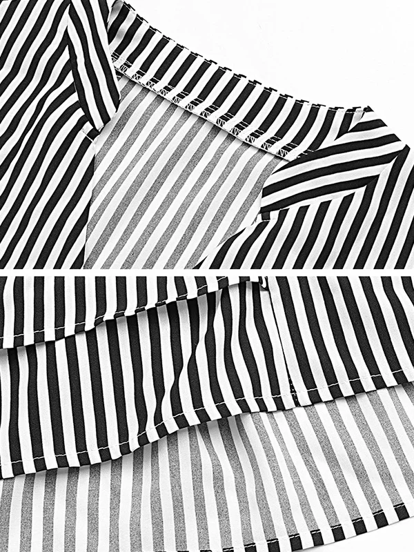 Loose Raglan Sleeve Asymmetric Falbala Pleated Split-Joint Striped Tiered V-Neck Blouses&Shirts Tops - Image 9