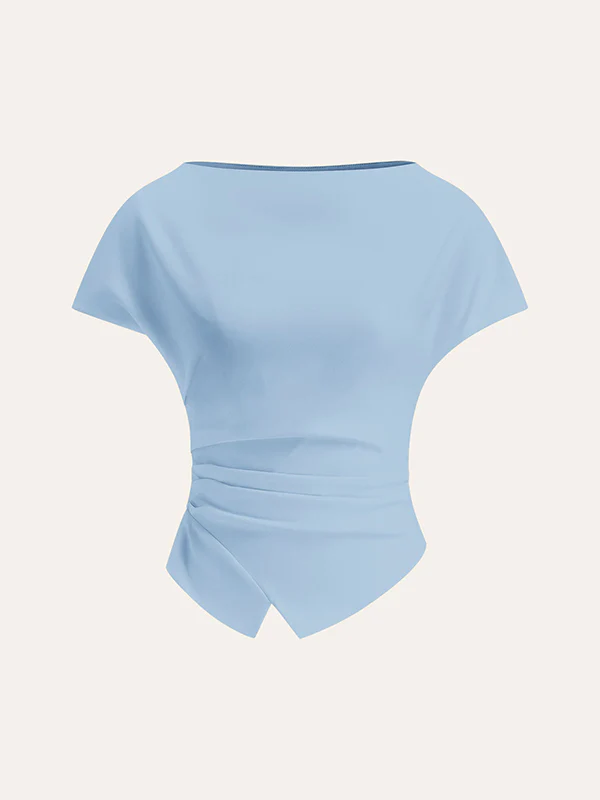 Loose Raglan Sleeve Asymmetric Pleated Solid Color Split-Joint Round-Neck T-Shirts - Image 7