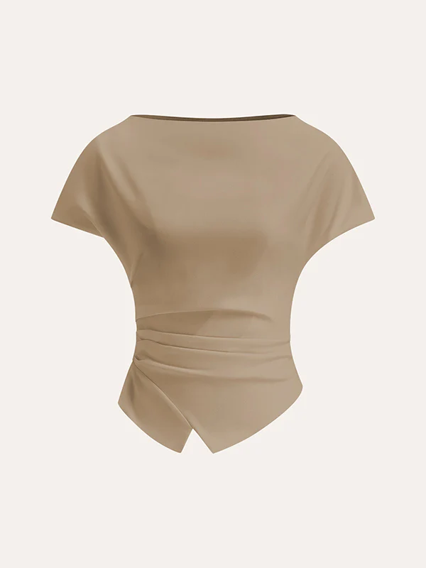 Loose Raglan Sleeve Asymmetric Pleated Solid Color Split-Joint Round-Neck T-Shirts - Image 8