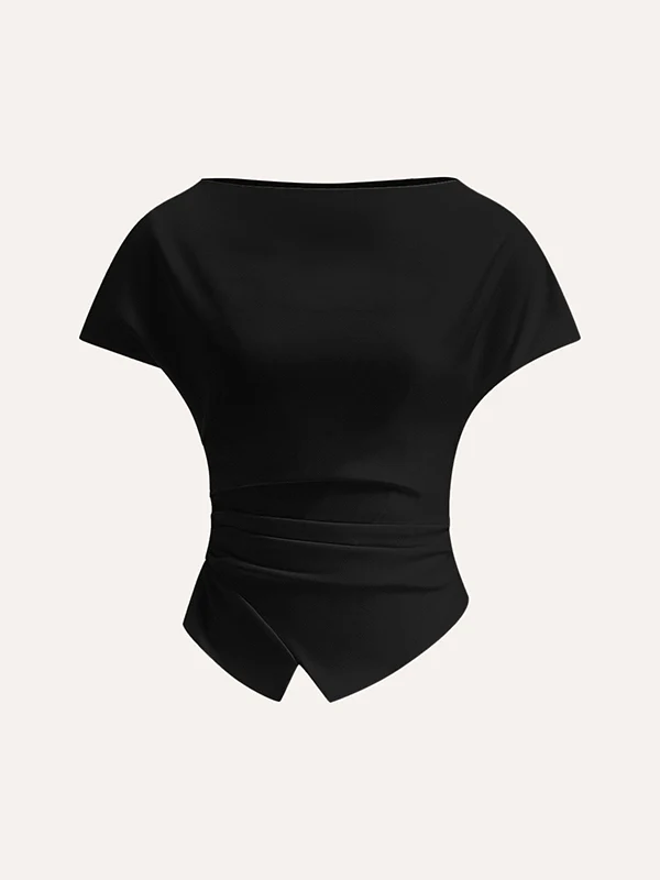 Loose Raglan Sleeve Asymmetric Pleated Solid Color Split-Joint Round-Neck T-Shirts - Image 9