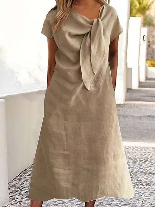 Loose Raglan Sleeve Asymmetric Solid Color Split-Joint Round-Neck Midi Dresses - Image 2