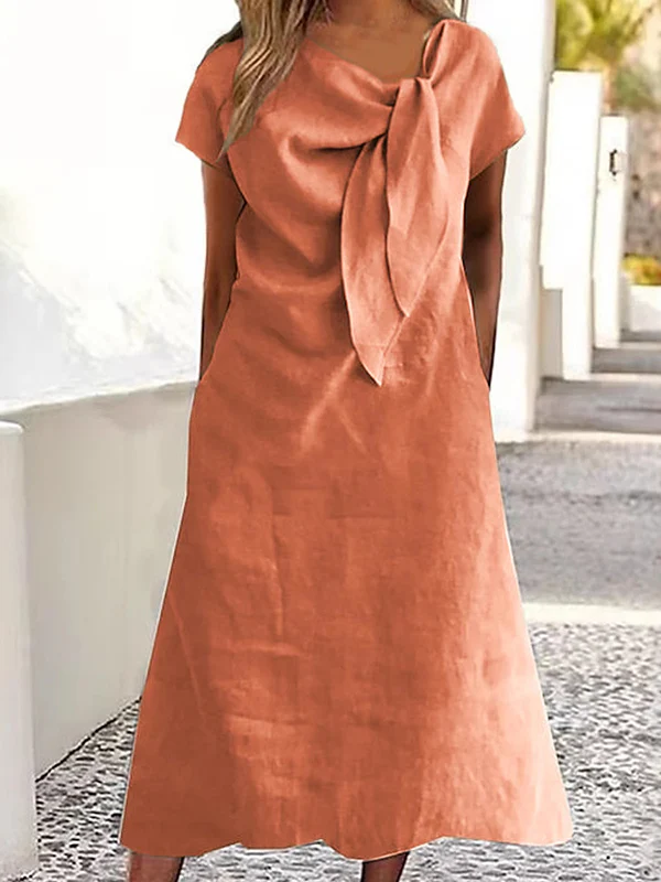 Loose Raglan Sleeve Asymmetric Solid Color Split-Joint Round-Neck Midi Dresses - Image 3