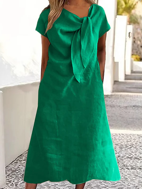 Loose Raglan Sleeve Asymmetric Solid Color Split-Joint Round-Neck Midi Dresses - Image 4