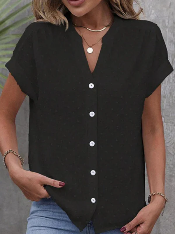 Loose Raglan Sleeve Buttoned Jacquard Solid Color V-Neck Blouses&Shirts Tops - Image 3