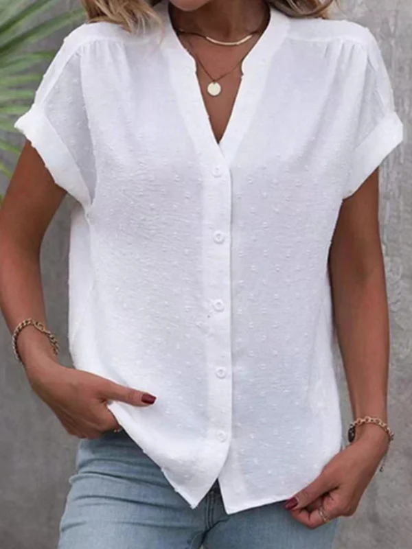 Loose Raglan Sleeve Buttoned Jacquard Solid Color V-Neck Blouses&Shirts Tops - Image 4
