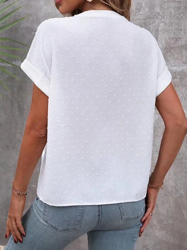 Loose Raglan Sleeve Buttoned Jacquard Solid Color V-Neck Blouses&Shirts Tops - Image 7