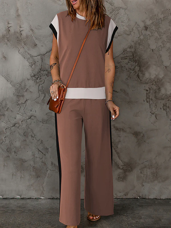 Loose Raglan Sleeve Contrast Color Split-Joint Round-Neck T-Shirt Top + Elasticity Pockets Pants Bottom Two Pieces Set - Image 2