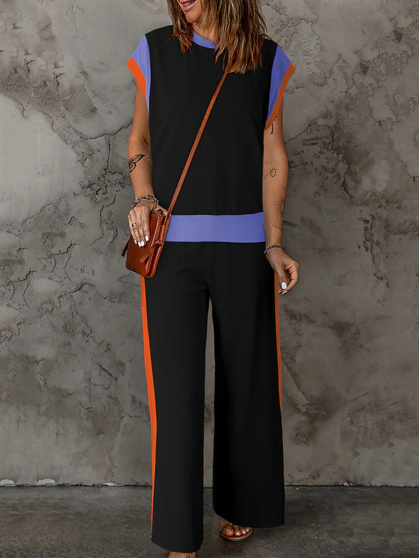 Loose Raglan Sleeve Contrast Color Split-Joint Round-Neck T-Shirt Top + Elasticity Pockets Pants Bottom Two Pieces Set - Image 3