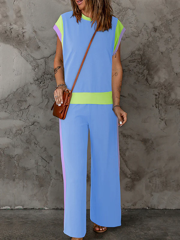Loose Raglan Sleeve Contrast Color Split-Joint Round-Neck T-Shirt Top + Elasticity Pockets Pants Bottom Two Pieces Set - Image 4