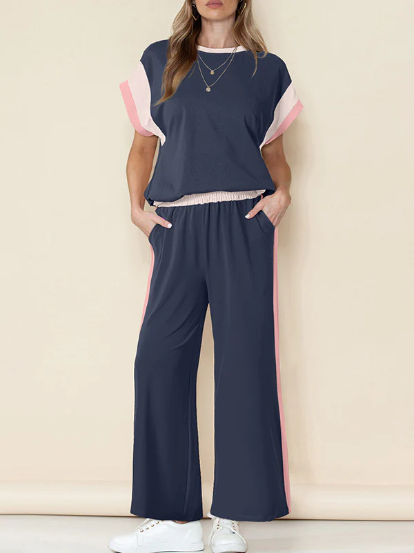 Loose Raglan Sleeve Contrast Color Split-Joint Round-Neck T-Shirt Top + Elasticity Pockets Pants Bottom Two Pieces Set - Image 5