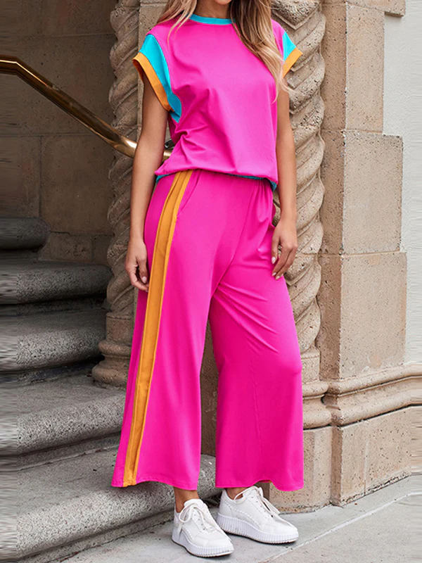 Loose Raglan Sleeve Contrast Color Split-Joint Round-Neck T-Shirt Top + Elasticity Pockets Pants Bottom Two Pieces Set - Image 9