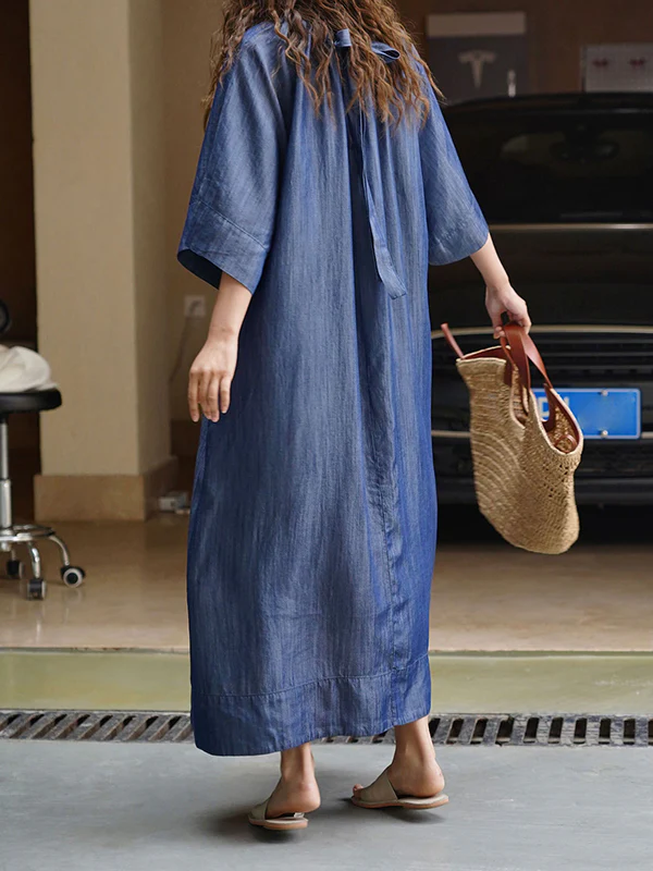 Loose Raglan Sleeve Drawstring Lace-Up Pleated Solid Color Round-Neck Midi Dresses - Image 10