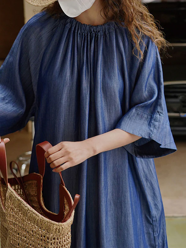 Loose Raglan Sleeve Drawstring Lace-Up Pleated Solid Color Round-Neck Midi Dresses - Image 11