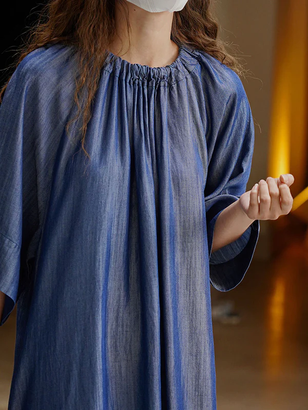 Loose Raglan Sleeve Drawstring Lace-Up Pleated Solid Color Round-Neck Midi Dresses - Image 12