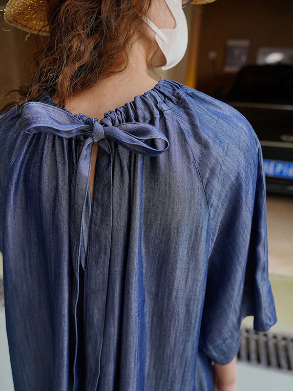 Loose Raglan Sleeve Drawstring Lace-Up Pleated Solid Color Round-Neck Midi Dresses - Image 13
