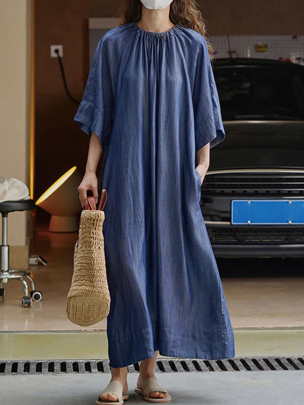 Loose Raglan Sleeve Drawstring Lace-Up Pleated Solid Color Round-Neck Midi Dresses - Image 2