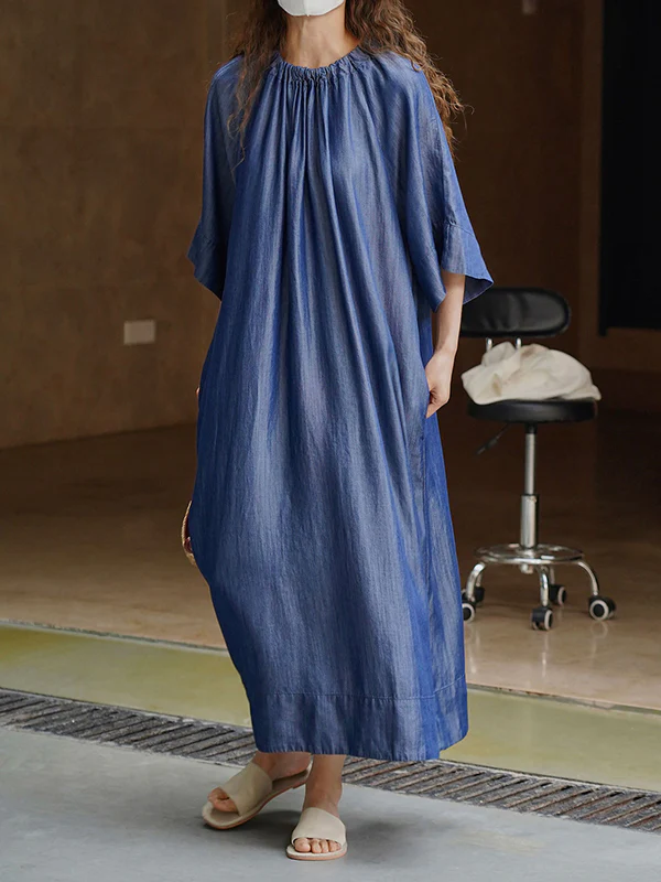 Loose Raglan Sleeve Drawstring Lace-Up Pleated Solid Color Round-Neck Midi Dresses - Image 3
