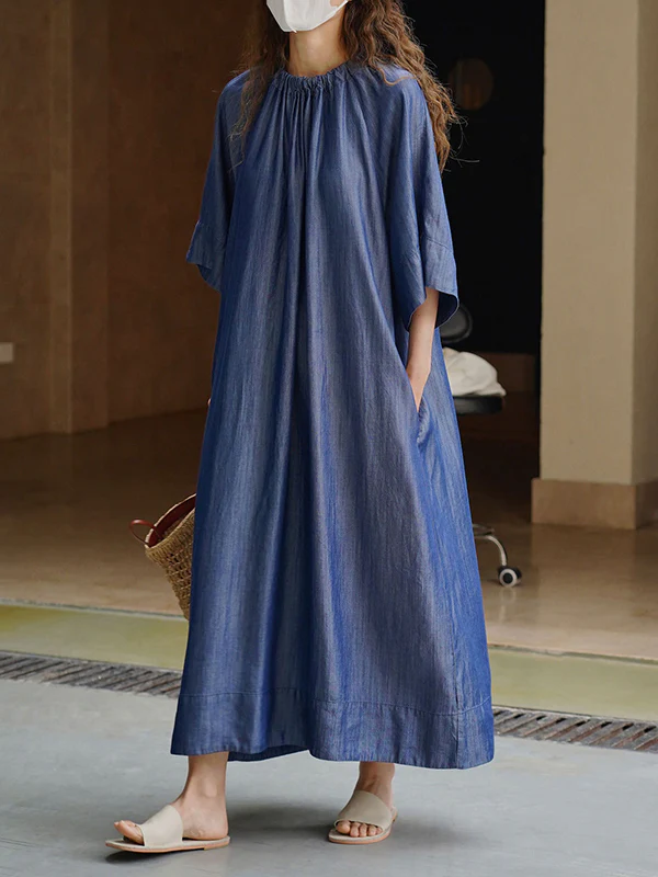 Loose Raglan Sleeve Drawstring Lace-Up Pleated Solid Color Round-Neck Midi Dresses - Image 5