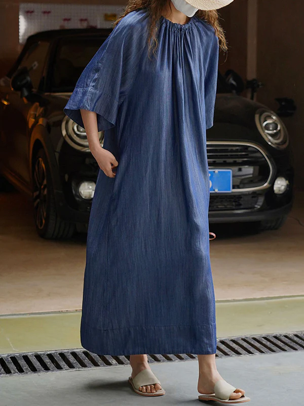 Loose Raglan Sleeve Drawstring Lace-Up Pleated Solid Color Round-Neck Midi Dresses - Image 6