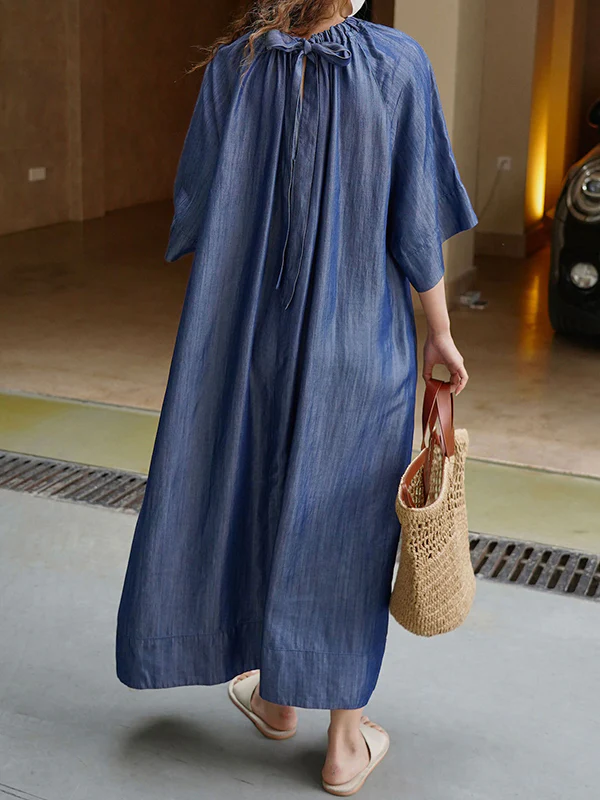 Loose Raglan Sleeve Drawstring Lace-Up Pleated Solid Color Round-Neck Midi Dresses - Image 7