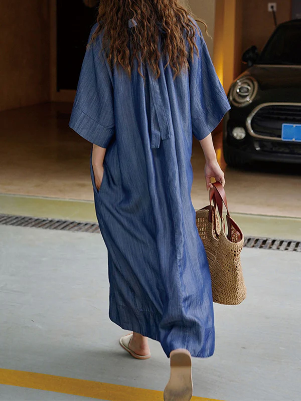 Loose Raglan Sleeve Drawstring Lace-Up Pleated Solid Color Round-Neck Midi Dresses - Image 9