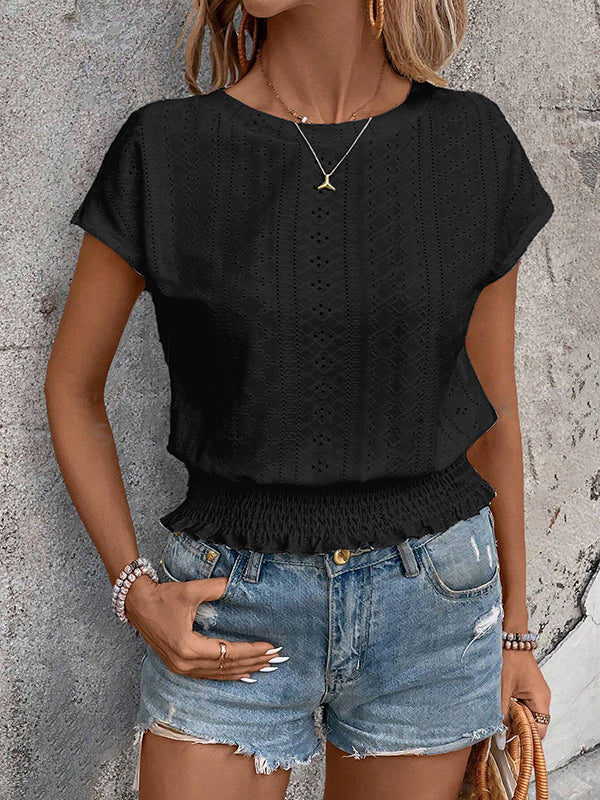 Loose Raglan Sleeve Elasticity Hollow Jacquard Solid Color Round-Neck T-Shirts Tops - Image 14