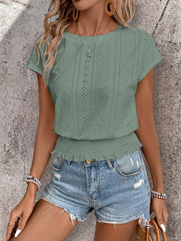 Loose Raglan Sleeve Elasticity Hollow Jacquard Solid Color Round-Neck T-Shirts Tops - Image 7