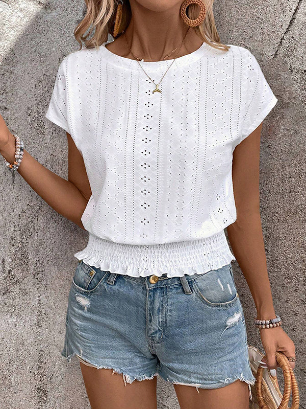 Loose Raglan Sleeve Elasticity Hollow Jacquard Solid Color Round-Neck T-Shirts Tops - Image 9