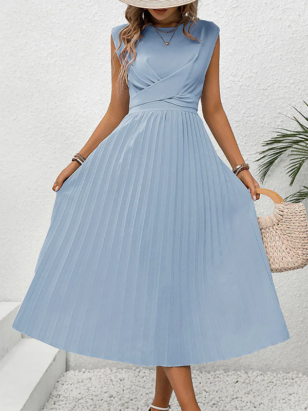 Loose Raglan Sleeve Elasticity Pleated Solid Color Split-Joint Tied Waist Round-Neck Midi Dresses - Image 2
