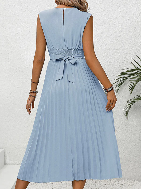 Loose Raglan Sleeve Elasticity Pleated Solid Color Split-Joint Tied Waist Round-Neck Midi Dresses - Image 6