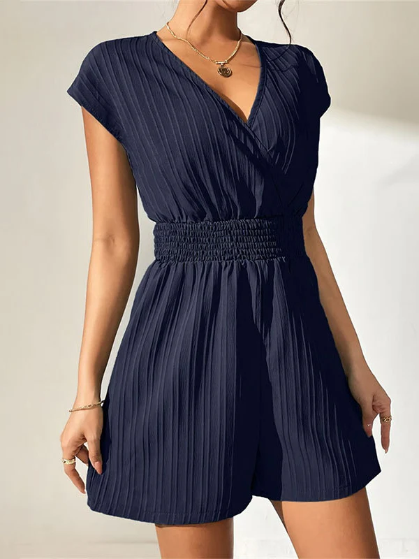 Loose Raglan Sleeve Elasticity Pleated Solid Color Split-Joint V-Neck Rompers - Image 6