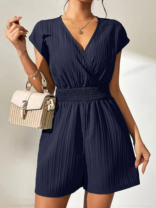 Loose Raglan Sleeve Elasticity Pleated Solid Color Split-Joint V-Neck Rompers - Image 7