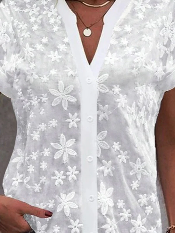 Loose Raglan Sleeve Embroidered See-Through Solid Color Split-Joint Stand Collar Blouses&Shirts Tops - Image 2