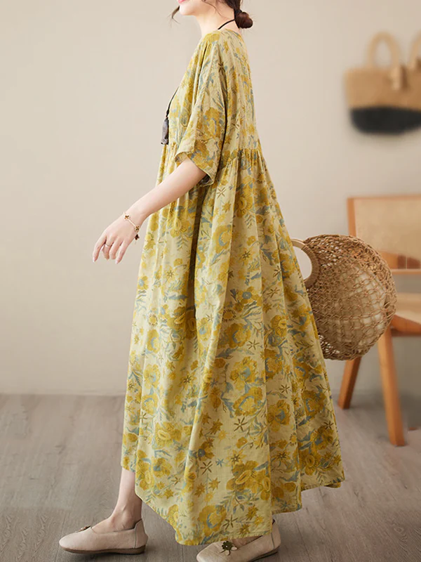 Loose Raglan Sleeve Floral Printed Pleated Split-Joint Round-Neck Midi Dresses - Image 2