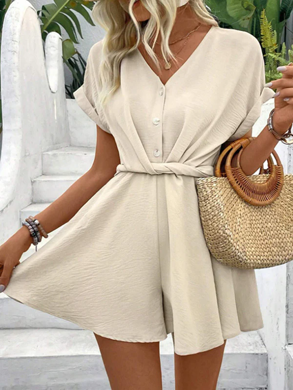 Loose Raglan Sleeve Pleated Solid Color Split-Joint V-Neck Rompers - Image 5